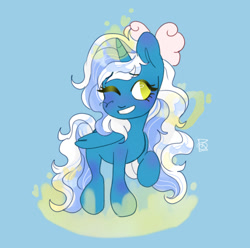 Size: 1242x1230 | Tagged: safe, artist:slothuseless, imported from derpibooru, oc, oc:fleurbelle, alicorn, pony, alicorn oc, blue background, bow, dirty hooves, female, hair bow, horn, looking at you, magic, mare, one eye closed, simple background, solo, wings, wink, winking at you