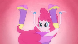 Size: 3410x1920 | Tagged: safe, edit, edited screencap, imported from derpibooru, screencap, pinkie pie, human, equestria girls, equestria girls (movie), bare shoulders, boots, cute, diapinkes, fall formal outfits, female, pinkie being pinkie, shoes, sleeveless, smiling, solo, strapless, upside down