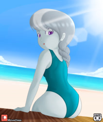 Size: 2976x3507 | Tagged: safe, alternate version, artist:minusclass, imported from derpibooru, silver spoon, human, equestria girls, ass, beach, butt, clothes, crepuscular rays, female, high res, looking back, missing accessory, ocean, one-piece swimsuit, sand, silverbutt, solo, summer, swimsuit, water