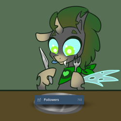 Size: 650x650 | Tagged: safe, artist:toadstool-prancer, imported from derpibooru, oc, oc:tantamount, changeling, dexterous hooves, dish, fork, knife, meta, solo, tantamount time turner, tumblr