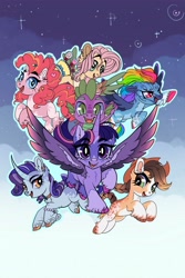 Size: 3600x5400 | Tagged: safe, artist:yesterdaysrunaway, imported from derpibooru, applejack, fluttershy, pinkie pie, rainbow dash, rarity, spike, twilight sparkle, alicorn, dragon, earth pony, pegasus, pony, unicorn, my little pony: the movie, alternate design, bald face, blaze (coat marking), body freckles, body markings, cheek fluff, cloven hooves, coat markings, colored ears, colored hooves, curly fetlocks, curved horn, facial markings, fangs, female, flying, freckles, horn, jewelry, looking at you, male, mane seven, mane six, mare, open mouth, pale belly, redesign, snip (coat marking), socks (coat markings), spread wings, twilight sparkle (alicorn), unshorn fetlocks, wings