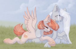 Size: 2560x1674 | Tagged: safe, artist:tttips!, imported from derpibooru, oc, oc only, oc:gilt peach, pegasus, pony, bracelet, cloud, ear fluff, ear piercing, eyes closed, grass, jewelry, long hair, lying down, on side, outdoors, pegasus oc, piercing, red hair, summer, white hair