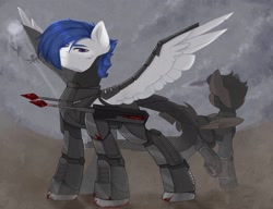 Size: 2560x1969 | Tagged: safe, artist:tttips!, imported from derpibooru, oc, oc only, oc:cinnamon, pegasus, fallout equestria, armor, artificial wings, augmented, blood, blue hair, clothes, cloud, enclave, laser rifle, male, mechanical wing, pegasus oc, powered exoskeleton, purple eyes, short hair, spread wings, stallion, sunshine, uniform