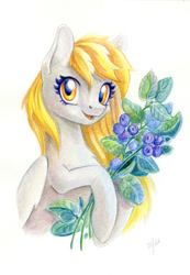 Size: 831x1200 | Tagged: safe, artist:maytee, imported from derpibooru, derpy hooves, pegasus, pony, berry, blueberry, colored pencil drawing, food, simple background, smiling, solo, traditional art, white background