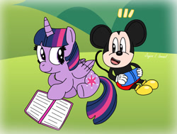 Size: 1280x969 | Tagged: safe, artist:harmonybunny2022, imported from derpibooru, twilight sparkle, alicorn, mouse, pony, book, crossover, disney, friendship, hill, meadow, mickey mouse, reading, twilight sparkle (alicorn)