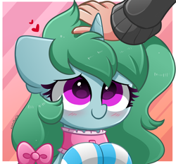 Size: 2800x2600 | Tagged: safe, artist:kittyrosie, imported from derpibooru, oc, oc only, oc:kazumi, human, pony, unicorn, abstract background, blushing, bow, clothes, collar, colored pupils, commission, cute, featured image, floppy ears, hair bow, hand, head pat, hooves together, horn, human on pony petting, looking up, misleading thumbnail, not a penis, ocbetes, offscreen character, offscreen human, pat, petting, smiling, socks, solo focus, striped socks, unicorn oc