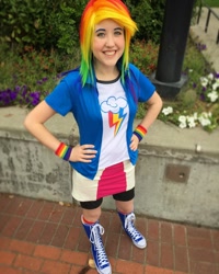 Size: 1080x1350 | Tagged: safe, artist:nedlydeadly cosplay, imported from derpibooru, rainbow dash, human, equestria girls, clothes, converse, cosplay, costume, hand on hip, irl, irl human, kumoricon, multicolored hair, photo, rainbow hair, shoes, solo