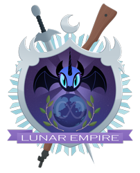 Size: 3112x3847 | Tagged: safe, artist:moonatik, imported from derpibooru, nightmare moon, alicorn, pony, alternate timeline, coat of arms, crescent moon, emblem, female, gun, infinity symbol, lee enfield, lunar empire, mare, moon, new lunar millennium, nightmare takeover timeline, simple background, sword, transparent background, weapon