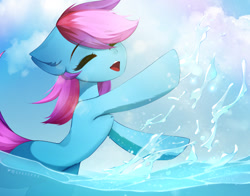 Size: 1280x1006 | Tagged: safe, artist:shavurrr, imported from derpibooru, oc, oc only, oc:nohra, earth pony, eyes closed, happy, smiling, solo, splashing, water