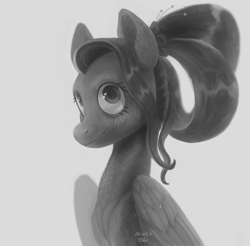 Size: 1920x1889 | Tagged: safe, artist:afialtis, artist:afialtisdragon, imported from derpibooru, fluttershy, pegasus, pony, aside glance, bust, female, grayscale, hair accessory, looking at you, mare, monochrome, older, older fluttershy, partially open wings, smiling, solo, three quarter view, wings