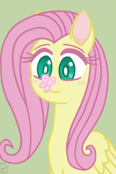 Size: 400x600 | Tagged: safe, artist:cyan7cloud, imported from derpibooru, fluttershy, butterfly, pegasus, pony, :3, blushing, bust, butterfly on nose, cross-eyed, female, folded wings, insect on nose, looking at something, mare, simple background, smiling, solo, three quarter view, wings