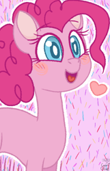 Size: 450x700 | Tagged: safe, artist:cyan7cloud, imported from derpibooru, pinkie pie, earth pony, pony, abstract background, blushing, bust, female, happy, heart, looking at something, mare, open mouth, open smile, outline, smiling, solo, white outline