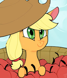 Size: 1200x1400 | Tagged: safe, artist:cyan7cloud, imported from derpibooru, applejack, earth pony, pony, apple, basket, bushel basket, bust, cute, female, food, hat, jackabetes, mare, outdoors, smol, solo, three quarter view, tiny, tiny ponies