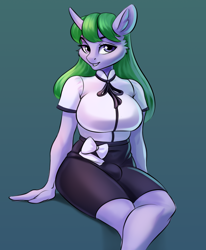 Size: 1650x2000 | Tagged: safe, artist:kittytitikitty, imported from derpibooru, oc, anthro, unicorn, anthro oc, breasts, busty oc, clothes, crotch bulge, futa, intersex, solo, uniform