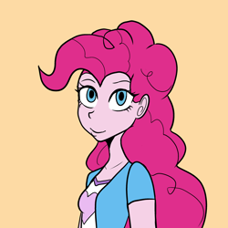 Size: 2893x2893 | Tagged: safe, artist:tacoman dusct, imported from derpibooru, pinkie pie, human, equestria girls, looking at you, simple background, solo, yellow background