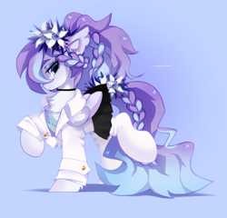 Size: 2600x2500 | Tagged: safe, alternate version, artist:zlatavector, imported from derpibooru, oc, oc only, oc:butterfly effect, pegasus, pony, chest fluff, choker, clothes, commission, ear fluff, ear piercing, earring, female, flower, flower in hair, hair styling, jacket, jewelry, leather, leather jacket, long tail, makeup, piercing, pigtails, ponytail, shirt, skirt, socks, solo, tail