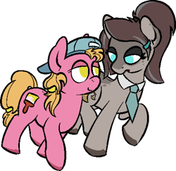 Size: 924x896 | Tagged: safe, artist:skookz, imported from derpibooru, oc, oc only, oc:chloe, oc:sandy stippler, earth pony, pony, baseball cap, cap, duo, female, hairband, hat, mare, necktie, ponytail, simple background, talking, transparent background, walking