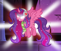 Size: 1475x1237 | Tagged: safe, artist:darbypop1, imported from derpibooru, oc, oc:alyssa rice, alicorn, pony, alicorn oc, clothes, female, glowing, glowing eyes, headphones, horn, mare, scarf, solo, wings