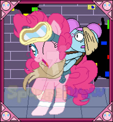Size: 1024x1107 | Tagged: dead source, safe, artist:sansdrew250, imported from derpibooru, pinkie pie, earth pony, pony, bag, bandage, clothes, crossover, deviantart watermark, duo, dusk till dawn, error, female, friday night funkin', glitch, goggles, hair bun, mare, obtrusive watermark, one eye closed, pibby, pixel art, raised hoof, riding a pony, saddle bag, scarf, smiling, socks, watermark, wink