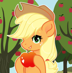 Size: 1280x1287 | Tagged: safe, artist:vi45, imported from derpibooru, applejack, earth pony, pony, apple, apple tree, applejack's hat, cowboy hat, female, food, hat, mare, tree