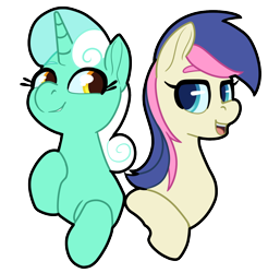 Size: 1270x1289 | Tagged: safe, artist:storyteller, imported from derpibooru, bon bon, lyra heartstrings, sweetie drops, earth pony, pony, unicorn, alternate hairstyle, cute, duo, mane swap, png, simple background, transparent background
