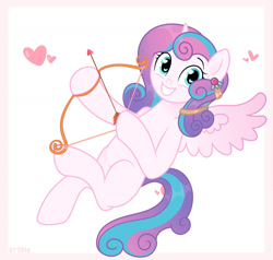 Size: 1280x1220 | Tagged: safe, artist:vi45, imported from derpibooru, princess flurry heart, alicorn, pony, arrow, bow (weapon), bow and arrow, female, grin, heart, mare, older, older flurry heart, simple background, smiling, solo, weapon, white background