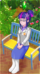 Size: 1075x1972 | Tagged: safe, artist:orinchi303, imported from derpibooru, sci-twi, twilight sparkle, human, equestria girls, boots, clothes, cutie mark on clothes, dress, female, glasses, hair bun, human coloration, humanized, multiple variants, outdoors, shoes, sitting, smiling, solo, the sims