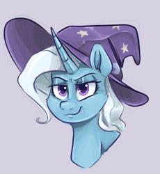 Size: 946x1029 | Tagged: safe, artist:smirk, imported from derpibooru, trixie, pony, unicorn, bust, clothes, female, hat, lidded eyes, mare, simple background, smiling, solo, trixie's hat