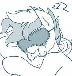 Size: 1926x2048 | Tagged: safe, artist:maren, imported from derpibooru, oc, oc only, oc:blue chewings, earth pony, pony, chew toy, male, monochrome, mouth hold, onomatopoeia, pillow, simple background, sleep mask, sleeping, sound effects, stallion, white background, zzz