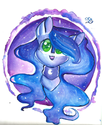 Size: 1630x2008 | Tagged: safe, artist:prettyshinegp, imported from derpibooru, princess luna, alicorn, pony, bust, ethereal mane, female, mare, missing horn, peytral, signature, simple background, smiling, solo, starry mane, traditional art, white background