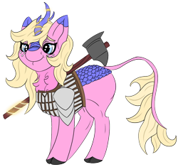 Size: 1234x1162 | Tagged: safe, artist:gray star, imported from derpibooru, oc, oc only, oc:perri, kirin, armor, blonde, blue eyes, chest fluff, dungeons and dragons, fantasy class, female, hammer, knight, mare, muscles, paladin, pen and paper rpg, rpg, scales, simple background, smiling, solo, transparent background, warrior