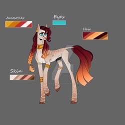 Size: 1280x1280 | Tagged: safe, artist:ocmakerarichan, imported from derpibooru, oc, oc only, hybrid, unicorn, zony, braid, color palette, deviantart watermark, ear piercing, earring, female, gray background, jewelry, magical lesbian spawn, mare, necklace, obtrusive watermark, offspring, parent:sunset shimmer, parent:zecora, parents:suncora, piercing, simple background, watermark