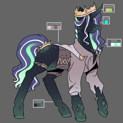 Size: 1040x1040 | Tagged: safe, artist:ocmakerarichan, imported from derpibooru, oc, oc only, changepony, hybrid, clothes, color palette, crown, gray background, interspecies offspring, jewelry, magical lesbian spawn, male, offspring, parent:queen chrysalis, parent:rarity, parents:rarilis, regalia, shirt, simple background, stallion