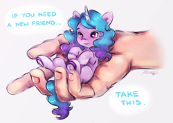 Size: 2422x1738 | Tagged: safe, artist:buttersprinkle, imported from derpibooru, izzy moonbow, human, pony, unicorn, buttersprinkle is trying to murder us, cute, dialogue, eyebrows, female, female focus, g5, hand, hi new friend, high res, in goliath's palm, it's dangerous to go alone, izzybetes, mare, my little pony: a new generation, offscreen character, offscreen human, signature, simple background, size difference, smiling, solo focus, sweet dreams fuel, take this, text, tiny, tiny ponies, weapons-grade cute, white background