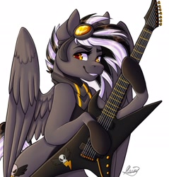 Size: 2000x2091 | Tagged: safe, artist:mxiiisy, imported from derpibooru, part of a set, oc, oc only, oc:zephyr, oc:zephyrai, pegasus, pony, black and white mane, clothes, coat markings, colored belly, dark belly, electric guitar, furrowed brow, goggles, gray coat, guitar, halfbody, music, musical instrument, playing instrument, scarf, simple background, smiling, smirk, socks (coat markings), solo, spread wings, standing, teeth, white background, wings, yellow eyes