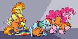 Size: 3439x1719 | Tagged: safe, artist:aversiespabilas, imported from derpibooru, earth pony, pegasus, pony, clothes, commission, cuffs, never doubt rainbowdash69's involvement, prison outfit, prisoner, prisoner pp, prisoner rd, shackles, trio, varying degrees of want, wing cuffs