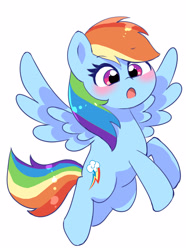 Size: 2273x3055 | Tagged: safe, artist:leo19969525, imported from derpibooru, rainbow dash, pegasus, pony, blushing, cute, dashabetes, female, flying, g4, mane, mare, multicolored hair, open mouth, pink eyes, rainbow hair, rainbow tail, simple background, solo, spread wings, tail, white background, wings