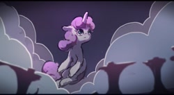 Size: 1199x656 | Tagged: safe, artist:inkhooves, imported from derpibooru, sweetie belle, pony, unicorn, cloud, female, filly, floating, floppy ears, foal, sky, solo