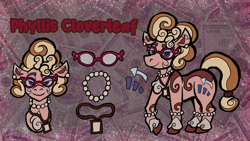 Size: 1920x1080 | Tagged: safe, artist:deidad dissitum, imported from derpibooru, earth pony, pony, bracelet, coat markings, collar, cutie mark, ear piercing, earring, female, g5, glasses, jewelry, mare, mother, my little pony: a new generation, pearl necklace, phyllis cloverleaf, piercing, redesign, reference sheet, smiling, solo