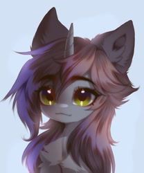 Size: 1752x2108 | Tagged: safe, artist:shenki, imported from derpibooru, oc, oc only, oc:kate, pony, unicorn, bust, chest fluff, ear fluff, eyebrows, eyebrows visible through hair, horn, looking at you, portrait, simple background, solo, unicorn oc