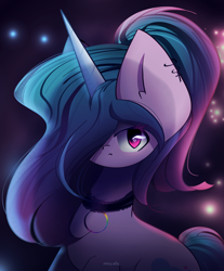 Size: 1900x2300 | Tagged: safe, artist:miryelis, imported from derpibooru, izzy moonbow, pony, unicorn, accessory, big ears, choker, ear piercing, g5, goth, goth izzy, gothic, gradient mane, horn, impossibly large ears, long hair, looking at you, piercing, ponytail, signature, simple background, solo