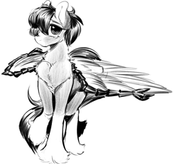 Size: 2242x2129 | Tagged: safe, artist:opossum_imoto, imported from derpibooru, oc, oc only, oc:soaring spirit, pegasus, pony, armor, chest fluff, male, pegasus oc, raised leg, simple background, sketch, solo, stallion, unshorn fetlocks, white background, wing armor, wing brace, wings