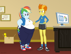 Size: 1920x1440 | Tagged: safe, artist:neongothic, imported from derpibooru, rainbow dash, spitfire, human, equestria girls, bbw, belly, big belly, big breasts, box, breasts, chubby, chubby cheeks, clothes, computer, desk, double chin, equestria girls-ified, fat, fat boobs, fat fetish, female, fetish, jacket, obese, office, pants, rainblob dash, shoes, shorts, sneakers, stomach noise, story included, thighs, thunder thighs, trophy, weight gain, wondercolts uniform