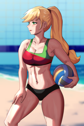Size: 800x1207 | Tagged: safe, artist:tzc, imported from derpibooru, applejack, human, abs, bare shoulders, beach, belly button, bikini, breasts, busty applejack, cleavage, clothes, humanized, midriff, ocean, ponytail, reasonably sized breasts, sleeveless, solo, sports, swimsuit, volleyball, water