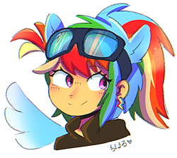 Size: 600x533 | Tagged: safe, artist:ishikawachichan, imported from derpibooru, rainbow dash, human, alternate hairstyle, bust, ear piercing, earring, female, goggles, humanized, jewelry, piercing, ponytail, simple background, smiling, solo, white background, winged humanization, wings