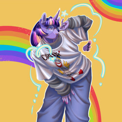 Size: 1920x1920 | Tagged: safe, artist:yesterdaysrunaway, imported from derpibooru, twilight sparkle, alicorn, anthro, clothes, denim, female, floating wings, glasses, jeans, mare, pants, rainbow, simple background, solo, twilight sparkle (alicorn), wings, yellow background