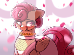 Size: 3334x2500 | Tagged: safe, artist:welost, imported from derpibooru, posey shy, pegasus, pony, clothes, dress, ear piercing, earring, female, high res, jewelry, looking down, mare, petals, piercing, smiling, solo, wedding dress, wedding veil
