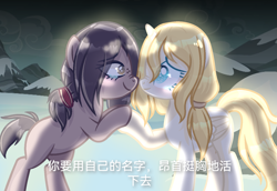 Size: 1451x999 | Tagged: safe, artist:anno酱w, imported from derpibooru, alicorn, earth pony, pony, attack on titan, base used, boop, couple, crying, freckles, historia reiss, holding hooves, mountain, noseboop, ponified, screenshot redraw, snow, tears of joy, ymir