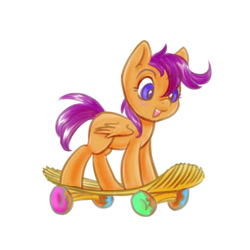 Size: 640x640 | Tagged: safe, artist:kovoranu, imported from derpibooru, scootaloo, pegasus, pony, chips, donut, female, filly, foal, food, simple background, skateboard, smol, solo, white background