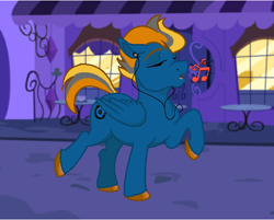 Size: 578x465 | Tagged: safe, artist:epicvon, imported from derpibooru, oc, oc only, pegasus, pony, earbuds, music notes, night, singing, solo, street, window